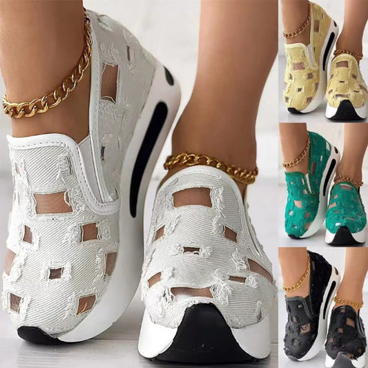 Sandały damskie z grubą płócienną podeszwą z siateczki