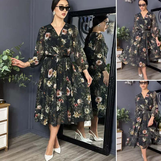 Czarne sukienki damskie z nadrukiem i dekoltem V szpic