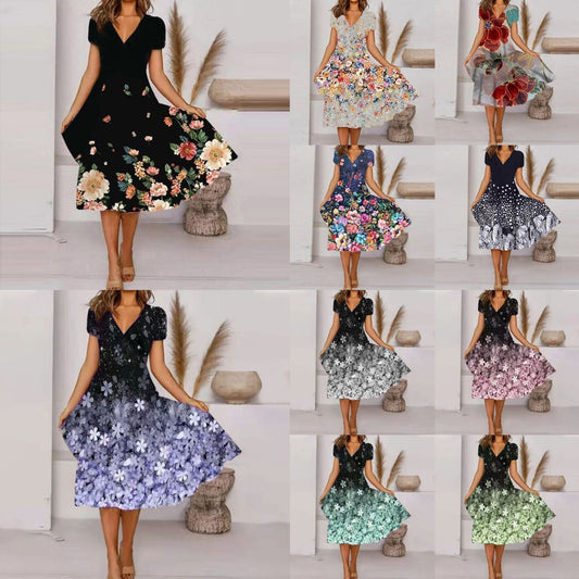 Damska zwiewna sukienka z nadrukiem z dekoltem w szpic