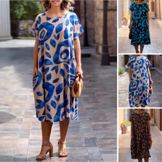 Damska luźna sukienka z krótkim rękawem z nadrukiem i okrągłym dekoltem