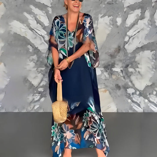 Elegancka szyfonowa długa sukienka z nadrukiem z dekoltem w szpic