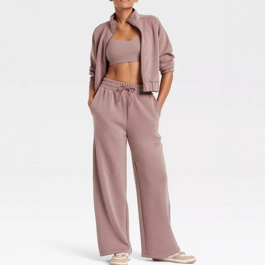 Sleek Full-Zip Jacket & High-Rise Wide-Leg Sweatpants Set