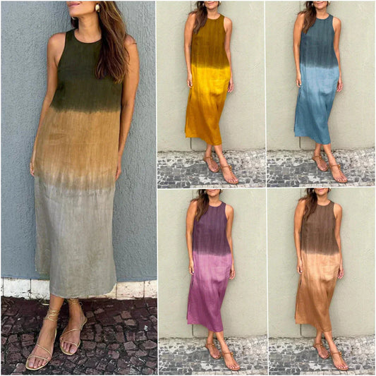 🌈 Casualowa sukienka z okrągłym dekoltem i stopniowanym kolorem