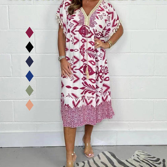 ✨Sukienka casualowa z nadrukiem, dekoltem w kształcie litery V i frędzlami na krótkich rękawach