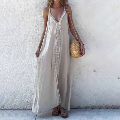 【S-4XL】Damska sukienka maxi z dekoltem w szpic i paskiem spaghetti