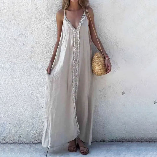 【S-4XL】Damska sukienka maxi z dekoltem w szpic i paskiem spaghetti